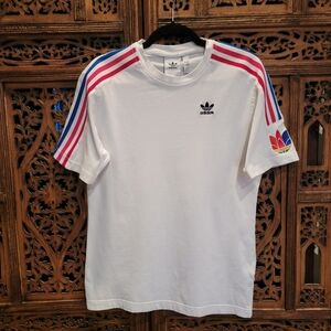Adidas Originals Trefoil Men's White Tee with Blue, Red & Pink Stripes, X-small
